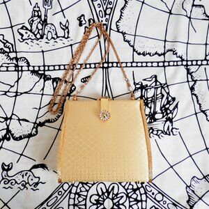 Elegant Vintage Gold Satin Hard Shell Handbag with Jewel Accents